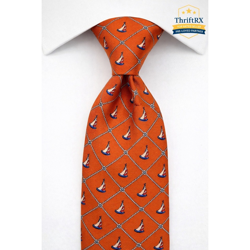 Brooks Brothers Tie‎ Mens Orange Silk Nautical Sailboat Rope Print Made USA